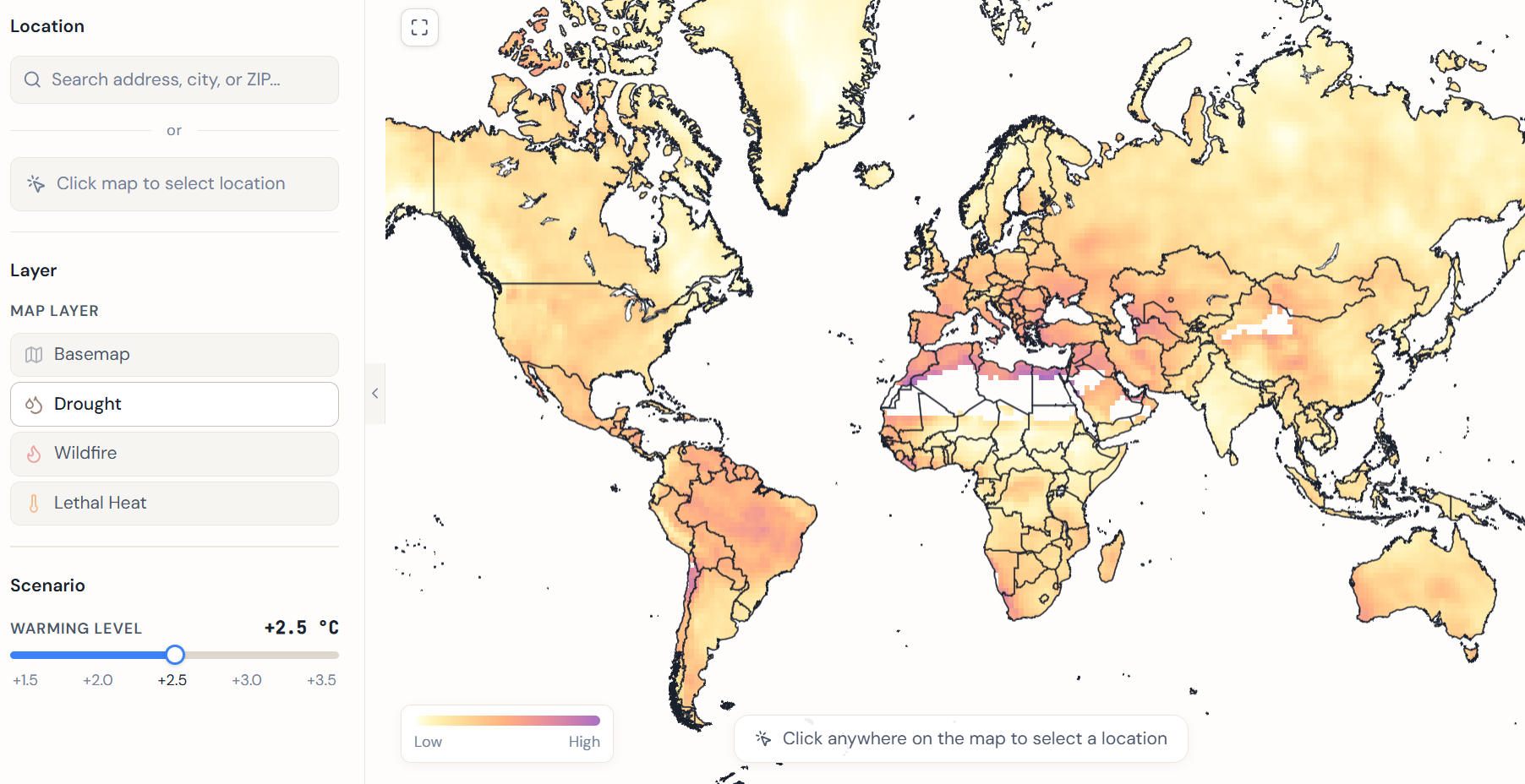 Woodwell climate risk platform showing global drought hazard at 2.5 degrees of warming