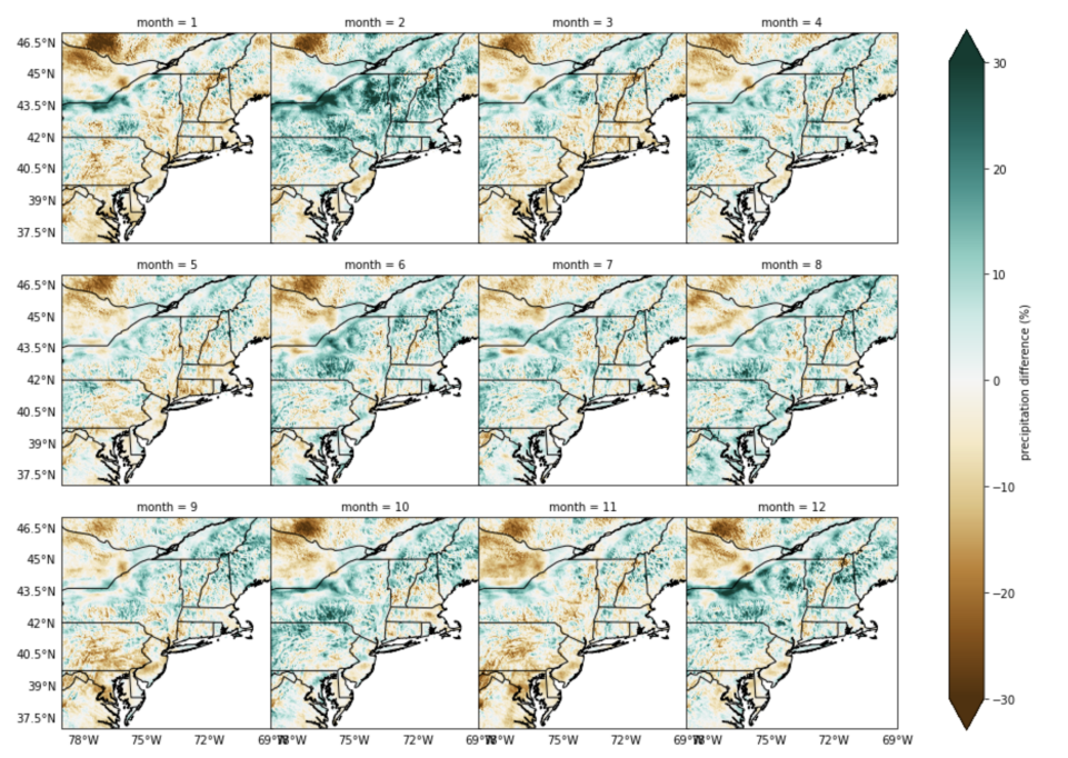 Monthly downscaled precipitation difference maps for the northeastern United States